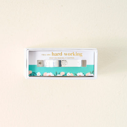 The Darling Effect's You Are Hard-Working Cuff Bracelet is a meaningful gift, featuring an inspiring message inside the box: "You are hard-working. Keep on making it happen.
