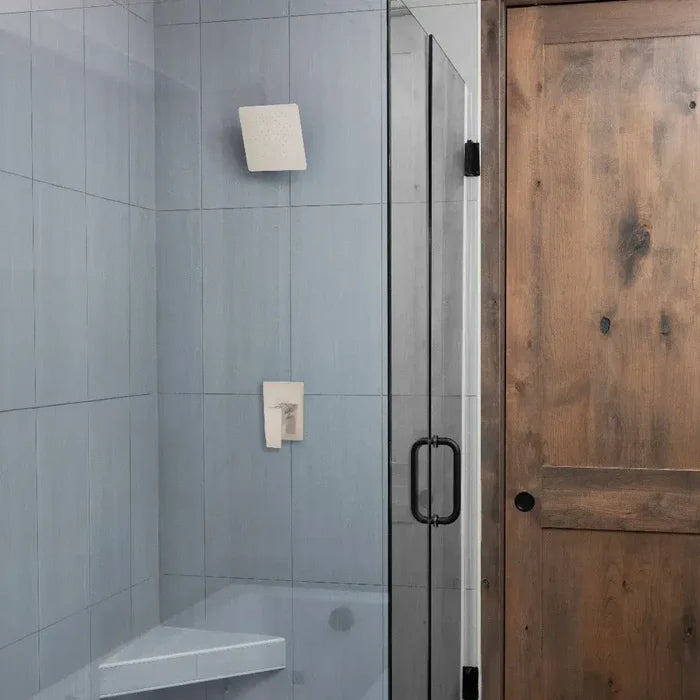 Bathroom with shower area featuring a ZLINE 8 in. Bliss Shower Head in Brushed Nickel (BLS-H8-BN) and wooden door