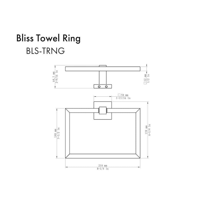 Technical drawing of a ZLINE Bliss Towel Ring in Polished Gold (BLS-TRNG-PG) with dimensions on a white background